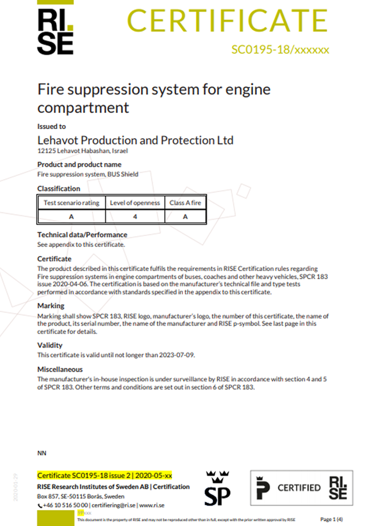 Lehavot Fire suppression system Certificate